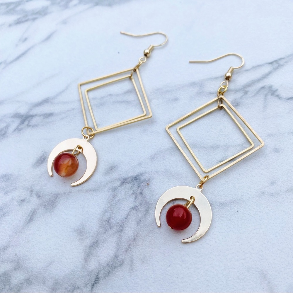 Double Square Drop Carnelian Moon Earrings
